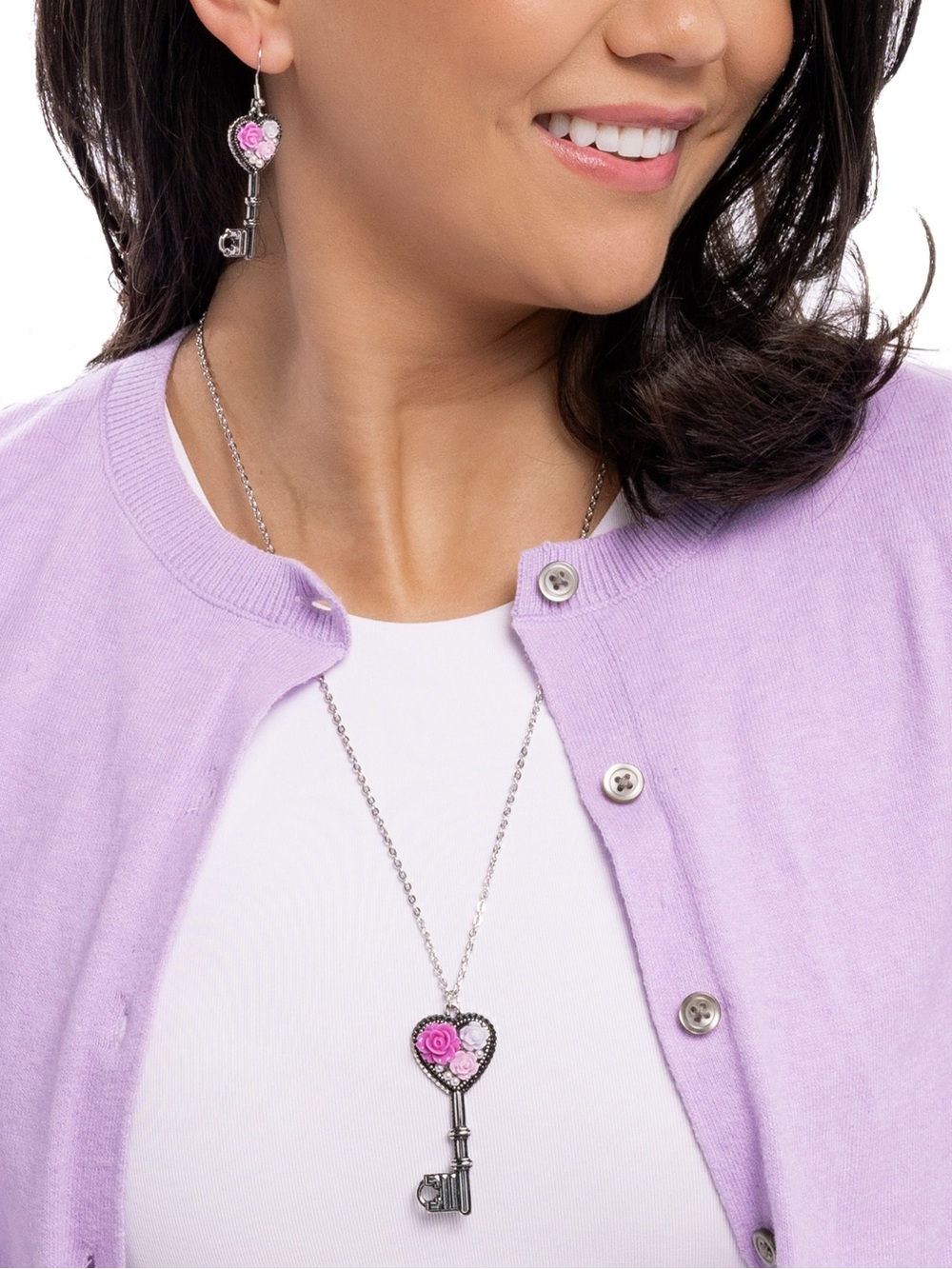 NWT Pink Heart Key Pendant Necklace & Earrings